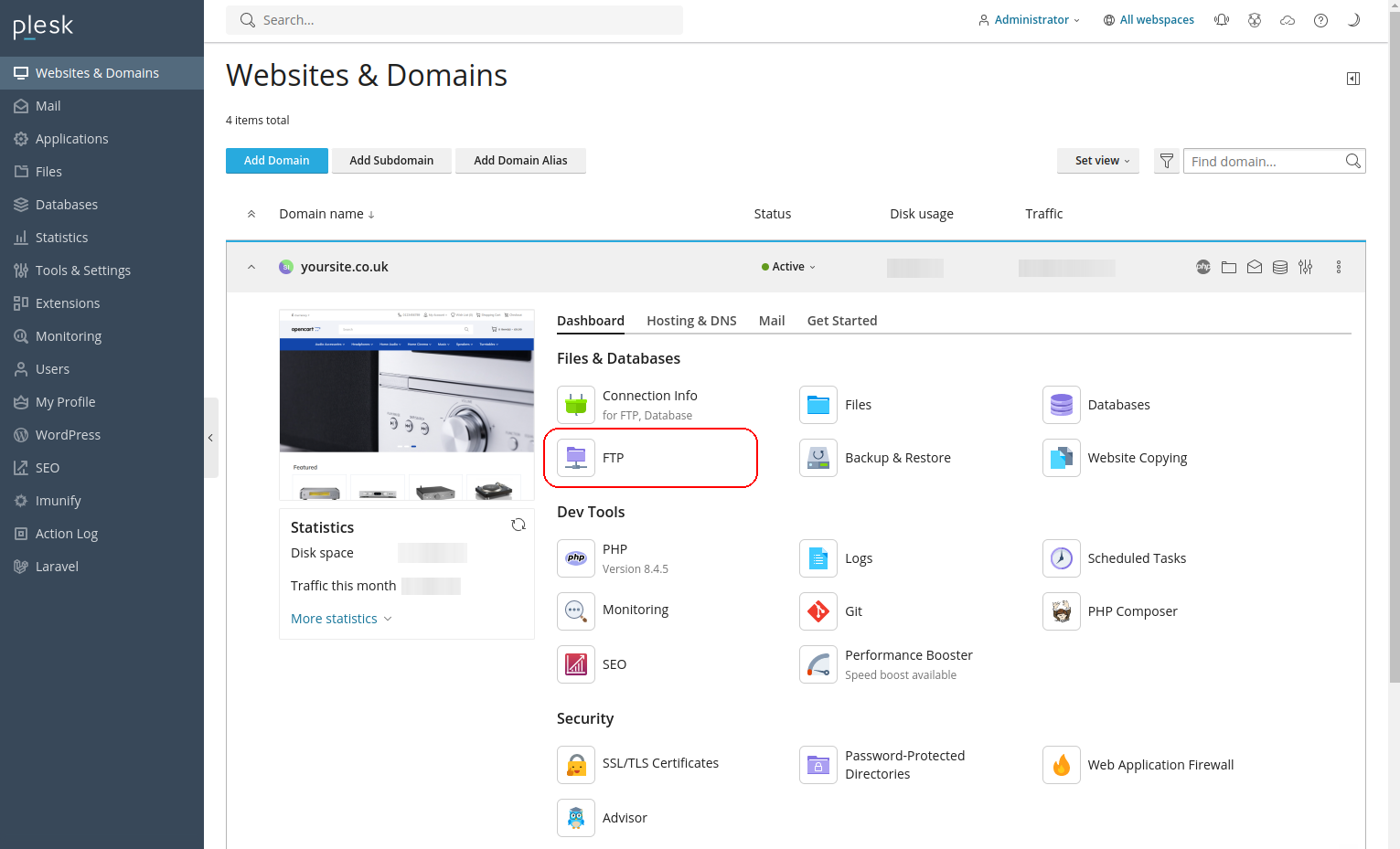 Select the website to add an FTP account to